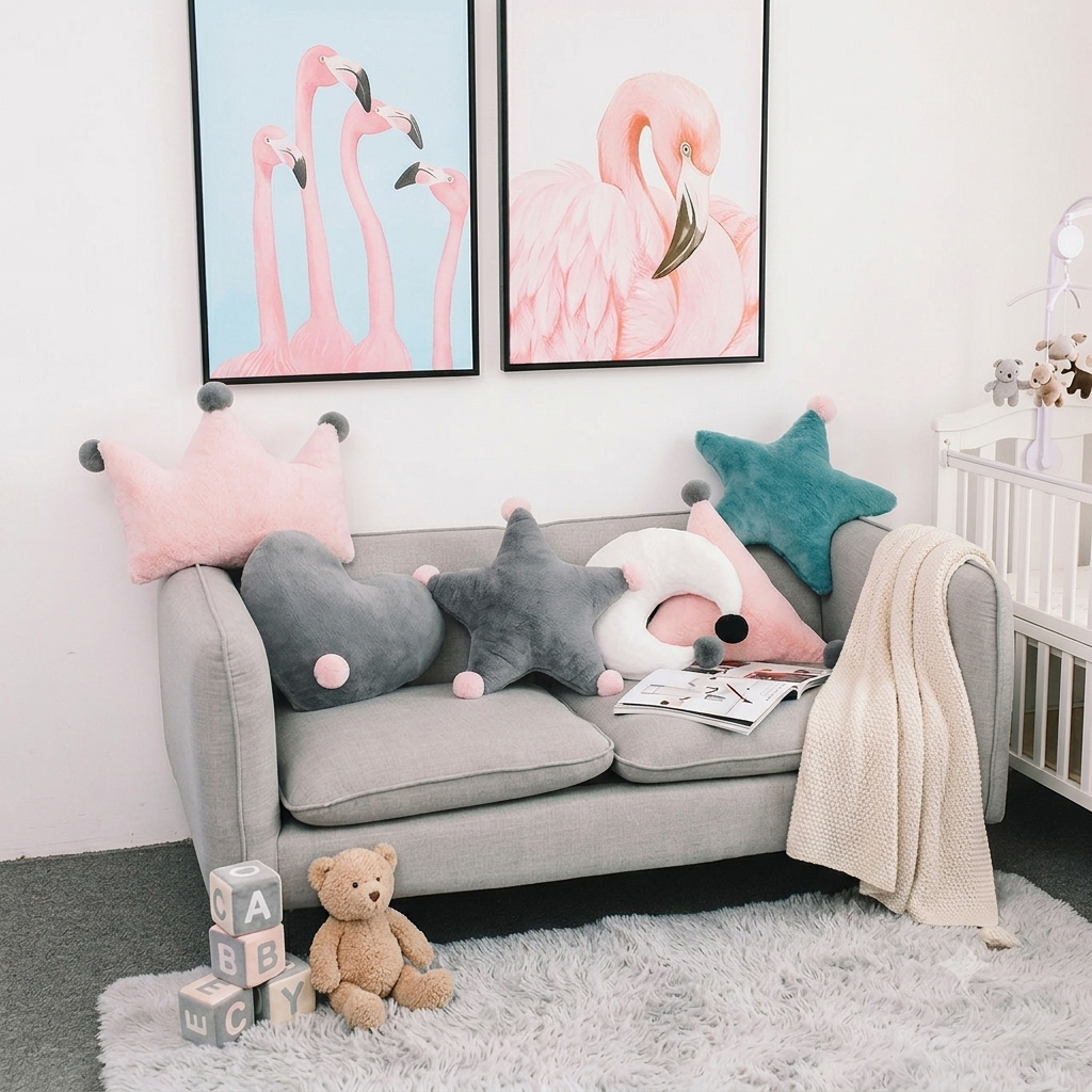 coussin pour lit bébé décorant un fauteuil dans une chambre bébé chaleureuse