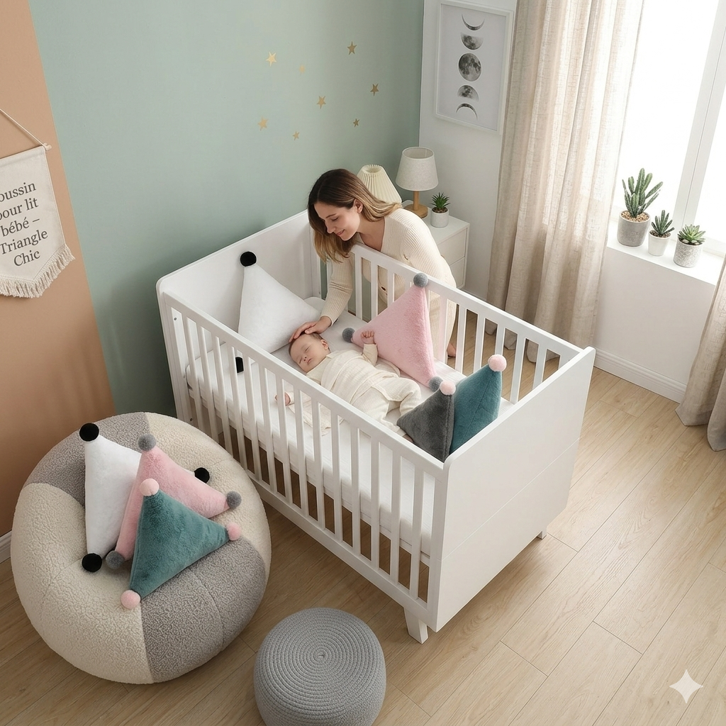 Coussin pour lit bébé Triangle Chic en peluche douce et décorative