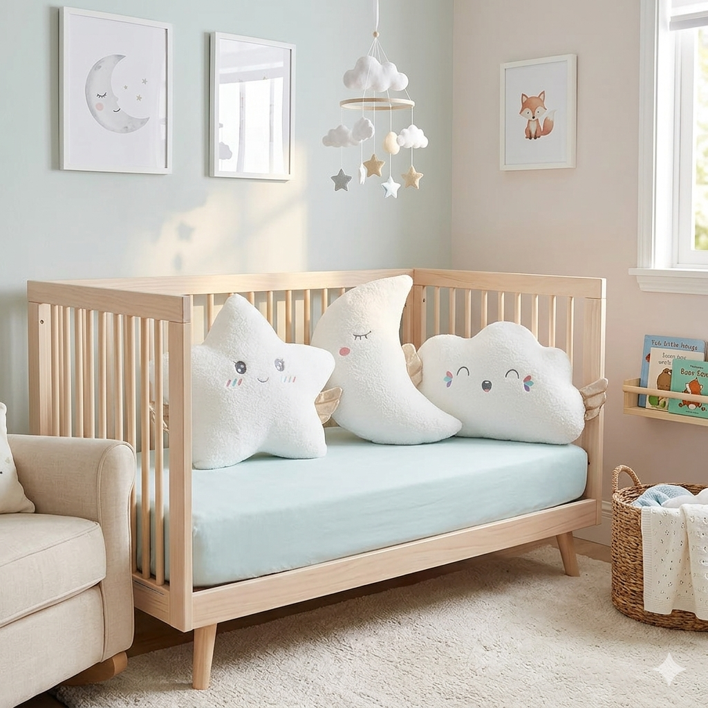 Coussin lune en peluche pour lit bébé ultra doux au design élégant.