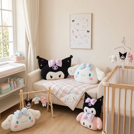 Coussins décoratifs pour lit bébé en peluche style kawaii avec chat noir, lapin rose et nuage blanc.