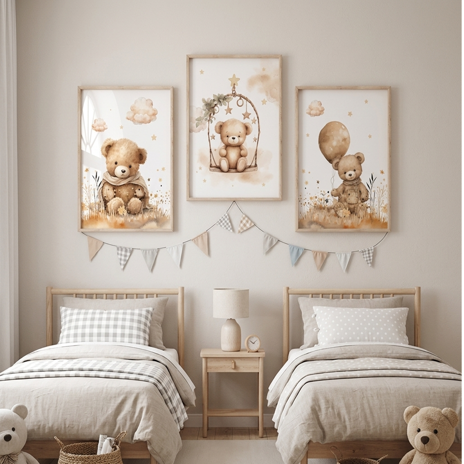Décoration Murale Chambre Bébé Bear Dream™ avec ourson et ballons jaunes sur toile décorative