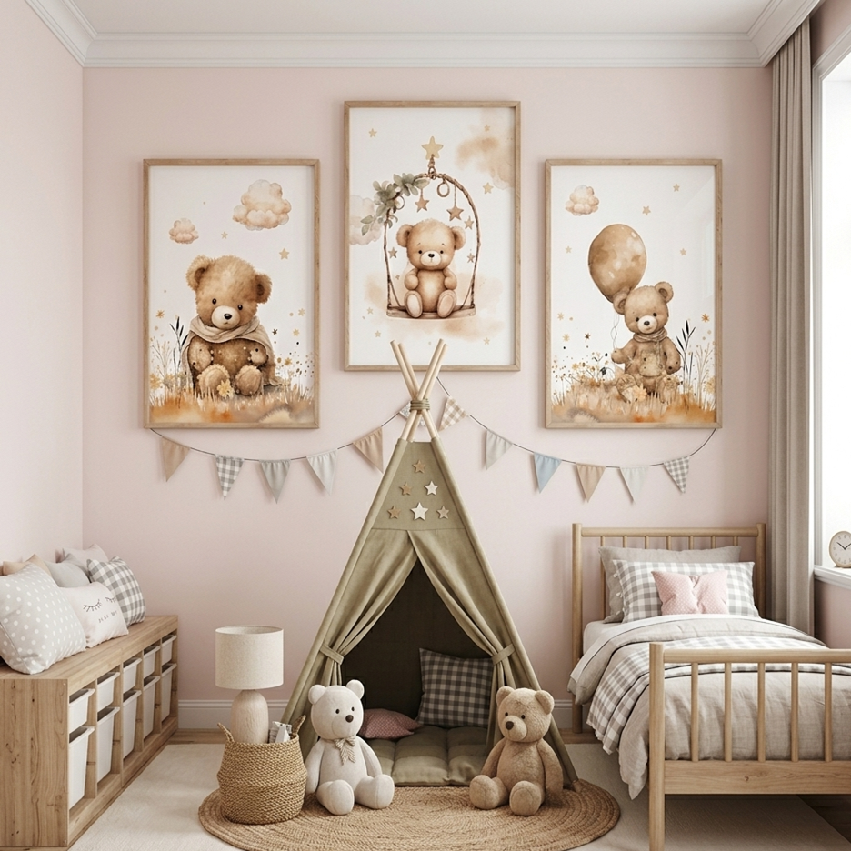 Tableau Bear Dream™ pour chambre bébé avec adorable ourson dans un style doux et moderne
