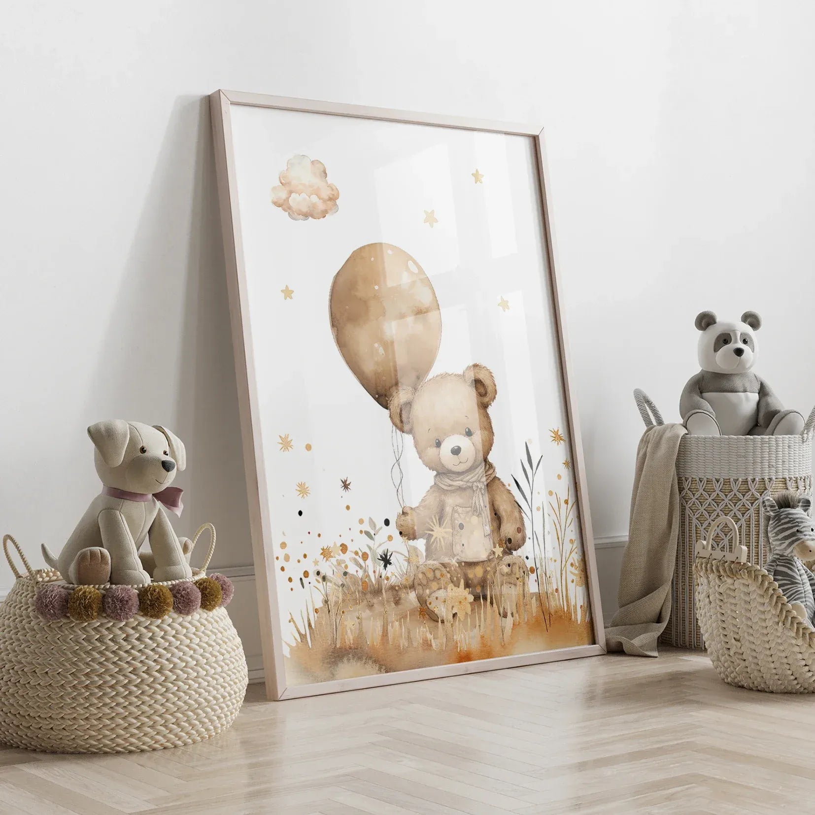 Affiche murale chambre bébé Bear Dream™ aux couleurs apaisantes avec ourson et ballons