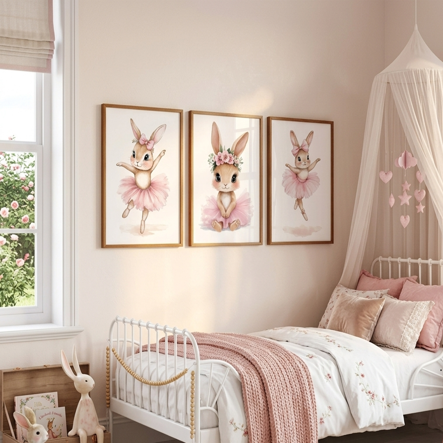 Décoration murale chambre bébé Lapin Ballerine aux couleurs pastel.
