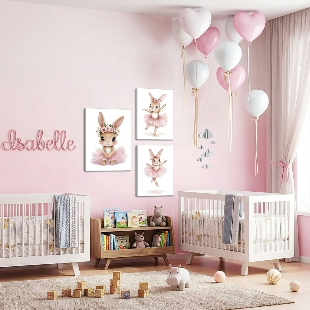 Décoration murale chambre bébé Lapin Ballerine style aquarelle en toile