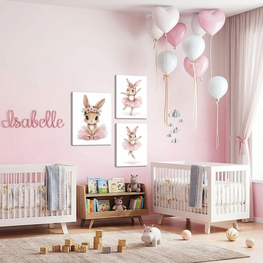 Décoration murale chambre bébé Lapin Ballerine style aquarelle en toile