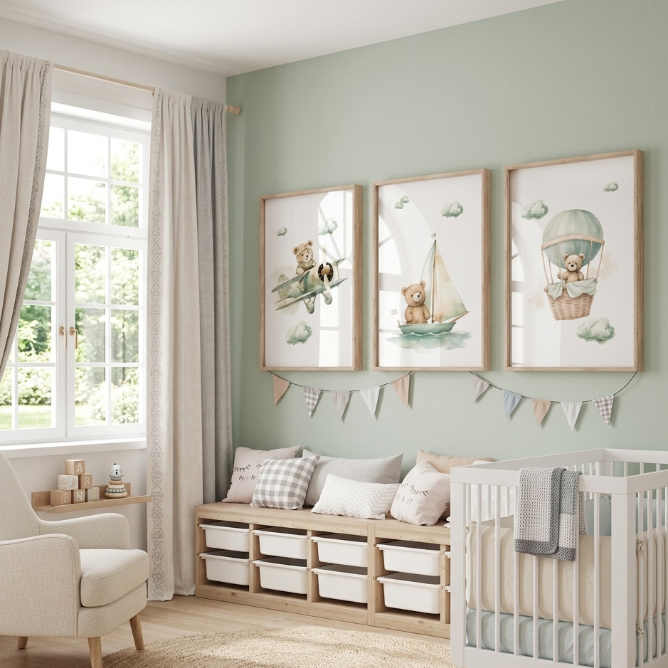 Décoration Murale Chambre Bébé – Ours Montgolfière™ vue principale en toile canvas aquarelle