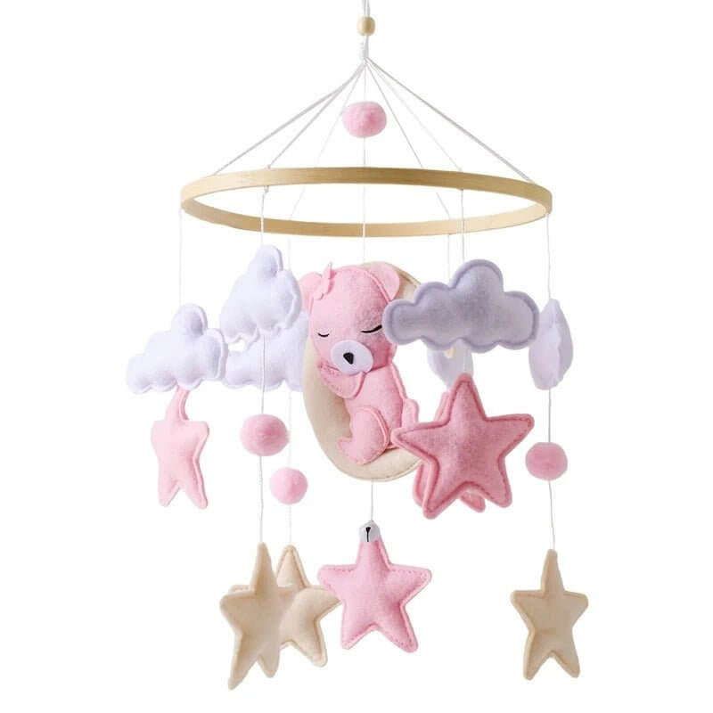 Mobile musical BearLullaby suspendu avec des oursons rose
 doux et des étoiles en tissu