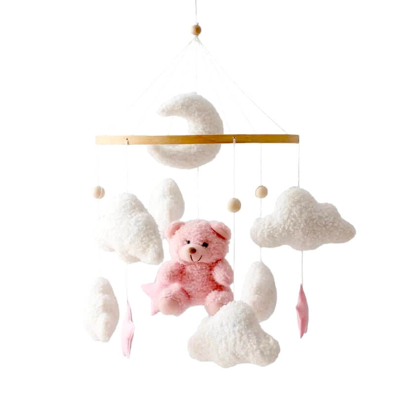Détail des peluches ours du mobile BearLullaby, en tissu doux et sécuritaire