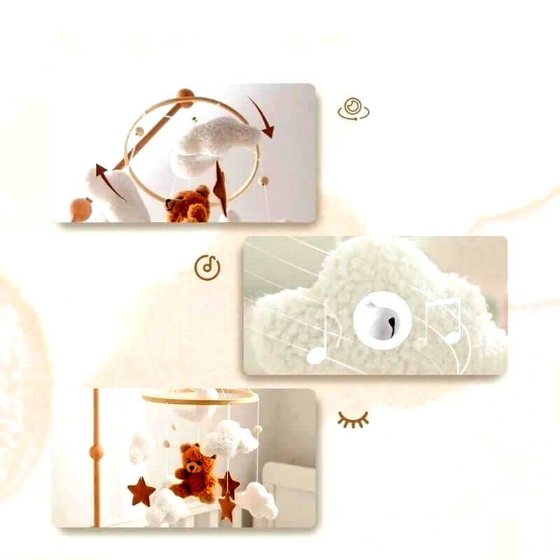 Mobile musical pour bébé BearLullaby en fonctionnement avec les éléments tournant doucement.