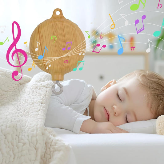 Mobile bébé boîte à musique installé sur un lit, offrant un design élégant et sécuritaire pour l'épanouissement de votre enfant."