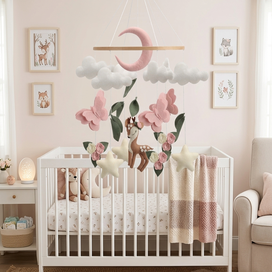 Mobile bébé fille en feutrine avec papillons suspendus et fleurs