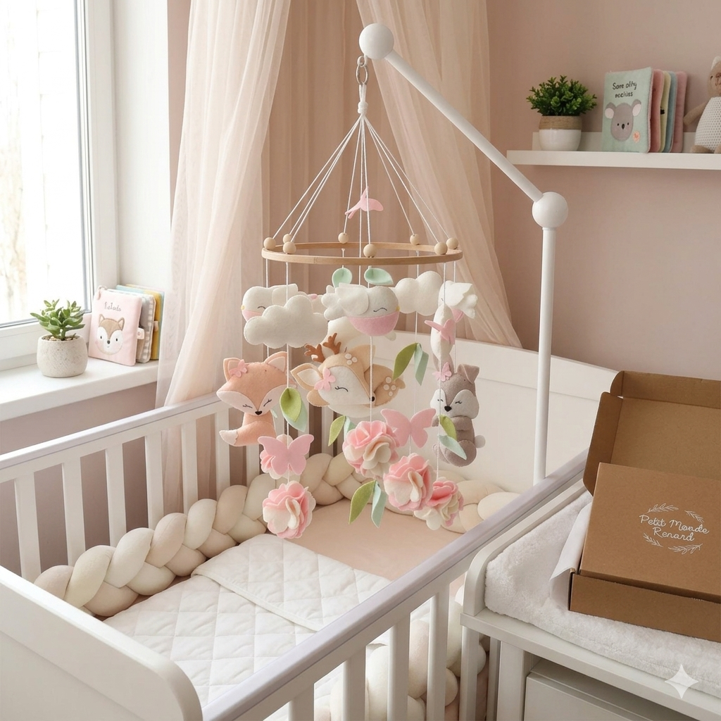 Mobile bébé Petit Monde Renard en feutre avec renard, faon, nuages et fleurs décoration chambre bébé style scandinave