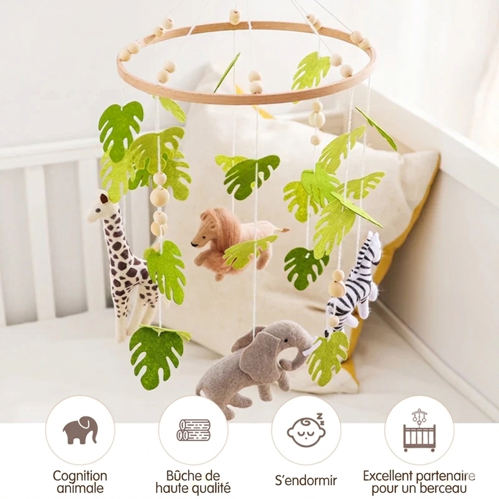 "Mobile bébé petit safari avec dimensions adaptées pour lit bébé et chambre de bébé"