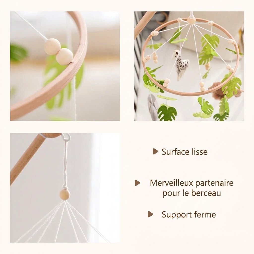 "Mobile bébé petit safari avec détails en bois naturel et animaux suspendus décoratifs"