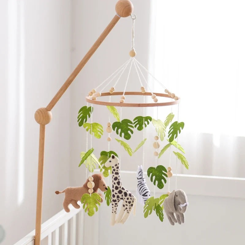 "Mobile bébé petit safari avec support en bois naturel pour lit bébé et décoration chambre bébé"