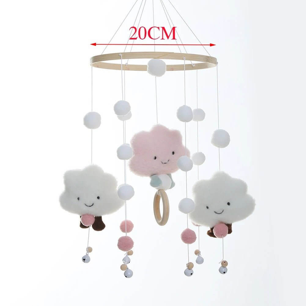 Dimensions du support en bois du mobile PetitNuage illustrées visuellement.