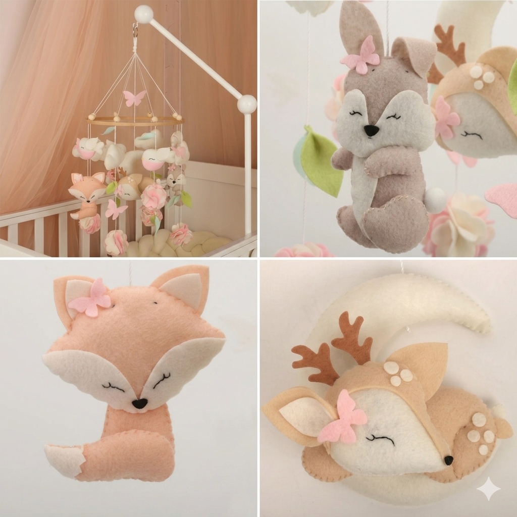 Détail renard en feutre du mobile bébé Petit Monde Renard fait main en matériaux hypoallergéniques