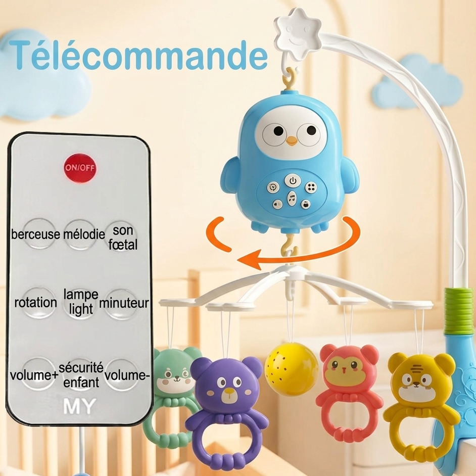 Mobile bébé rotatif 360° avec télécommande, musique douce et jouets suspendus pour stimuler et calmer le bébé.
