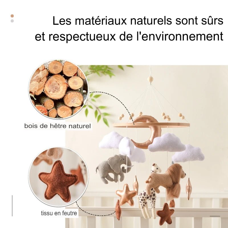 Mobile Safari installé dans une chambre bébé au style naturel, apportant une touche apaisante avec ses animaux suspendus en mouvement.