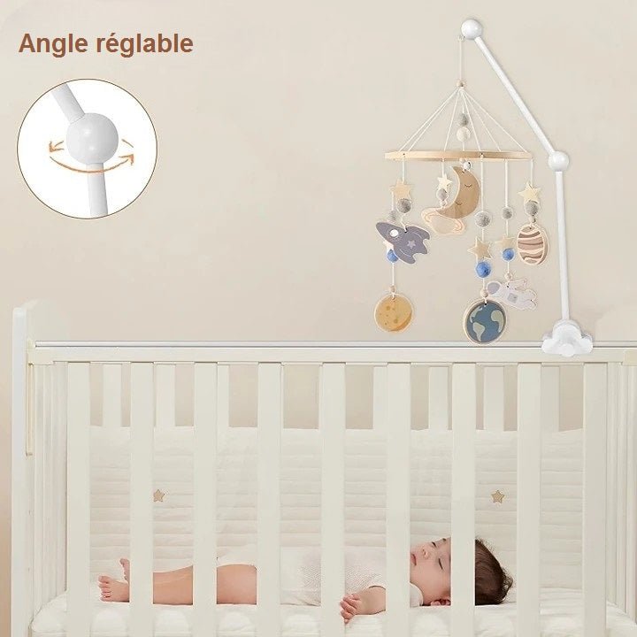 Angle réglable du support mobile LittleCloud, conçu pour s’ajuster à la croissance et aux besoins du bébé.