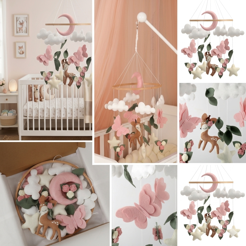 Mobile Bébé – Univers Féerique Biche avec fleurs et papillons pour chambre de bébé