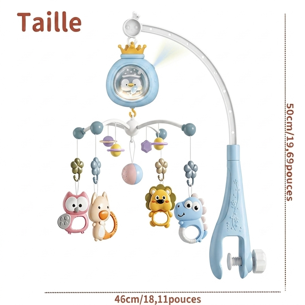 Dimensions du mobile musical bébé Ciel Doux avec mesures détaillées pour une installation facile sur le lit bébé.
