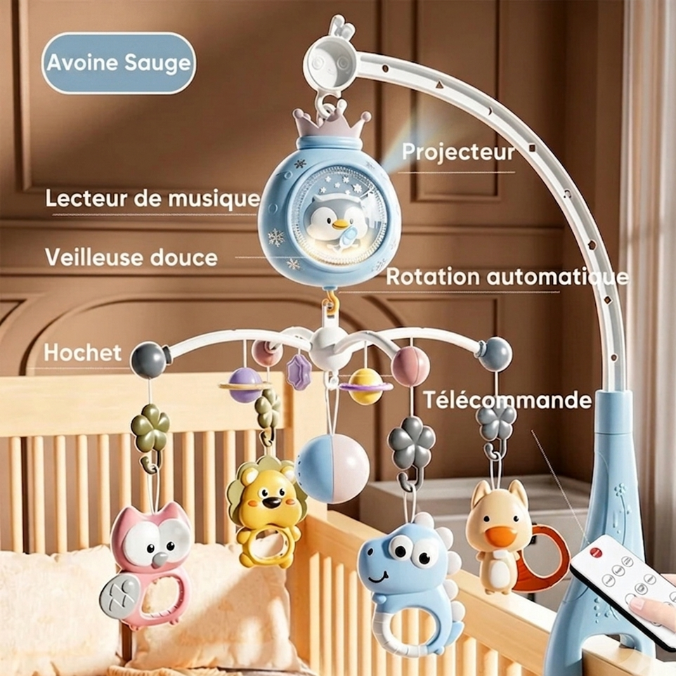 Mobile musical bébé Ciel Doux avec fonctions musicales, rotation automatique et projection lumineuse pour accompagner le sommeil de bébé.