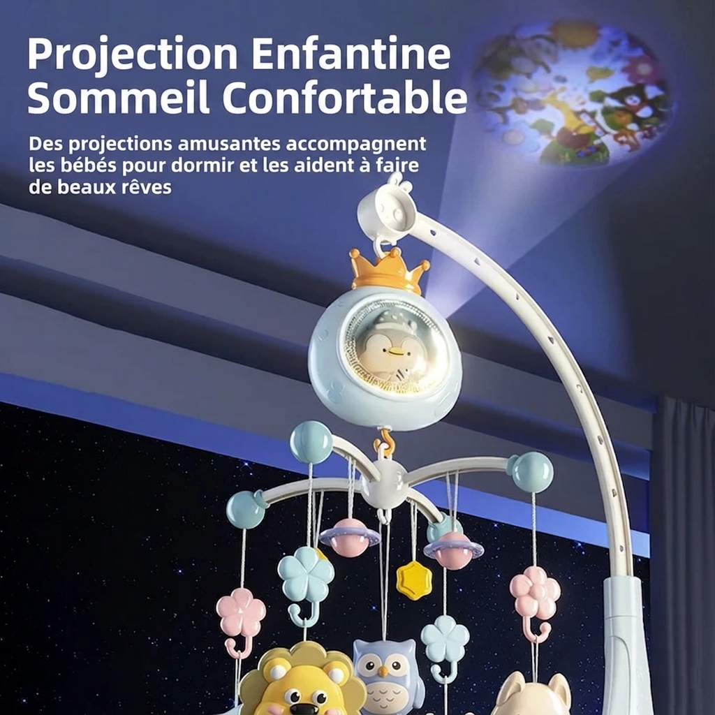 Mobile musical bébé Ciel Doux avec projection lumineuse, musique apaisante et rotation pour l'éveil et le sommeil de bébé.