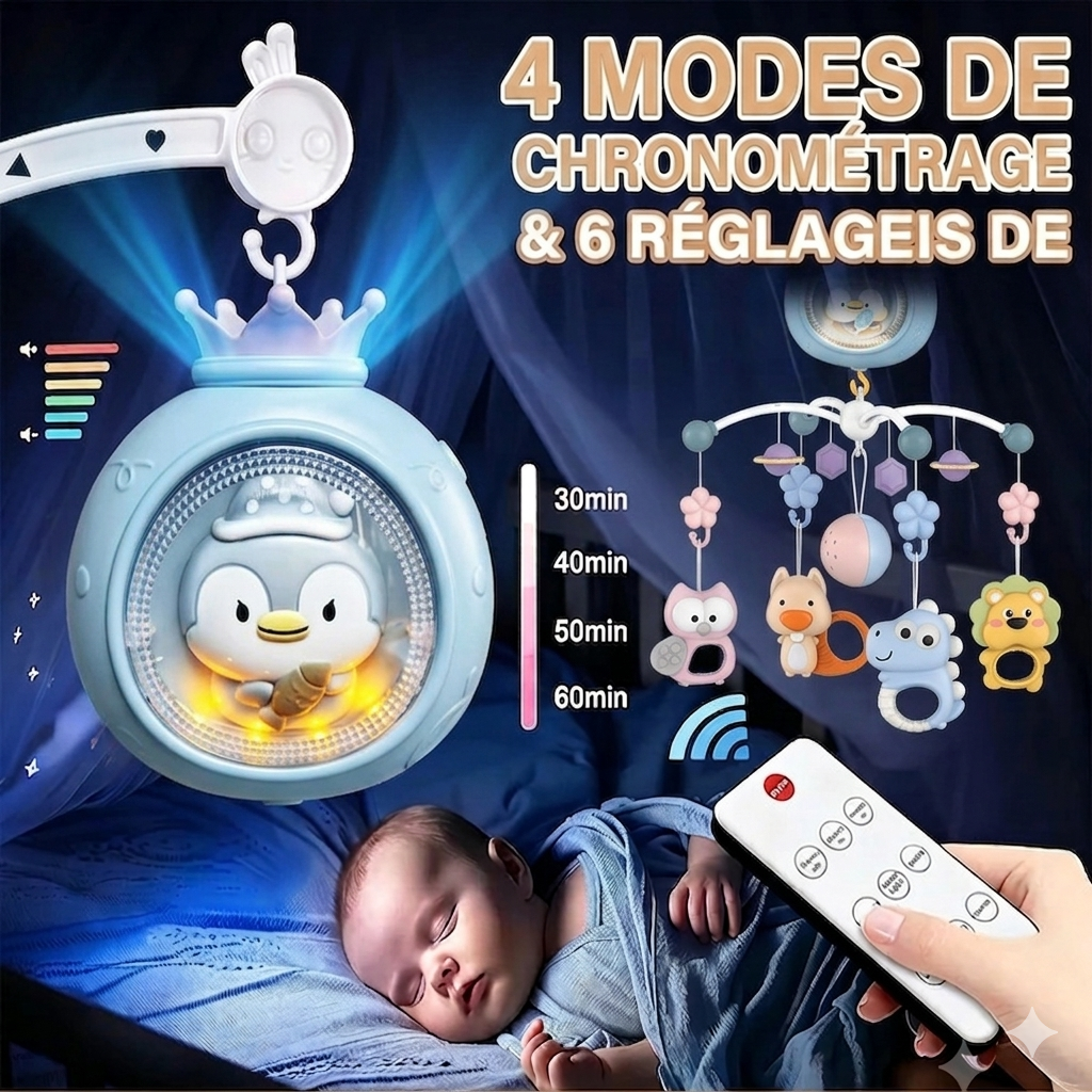 Mobile musical bébé Ciel Doux avec télécommande pour contrôler la musique, la rotation et la projection lumineuse à distance.