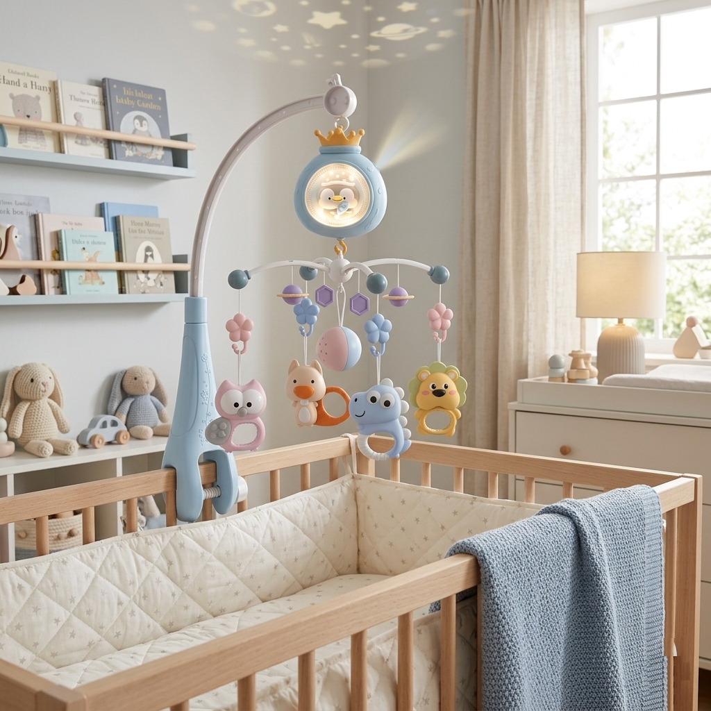Mobile musical bébé Ciel Doux suspendu pour lit bébé avec jouets et musique apaisante.