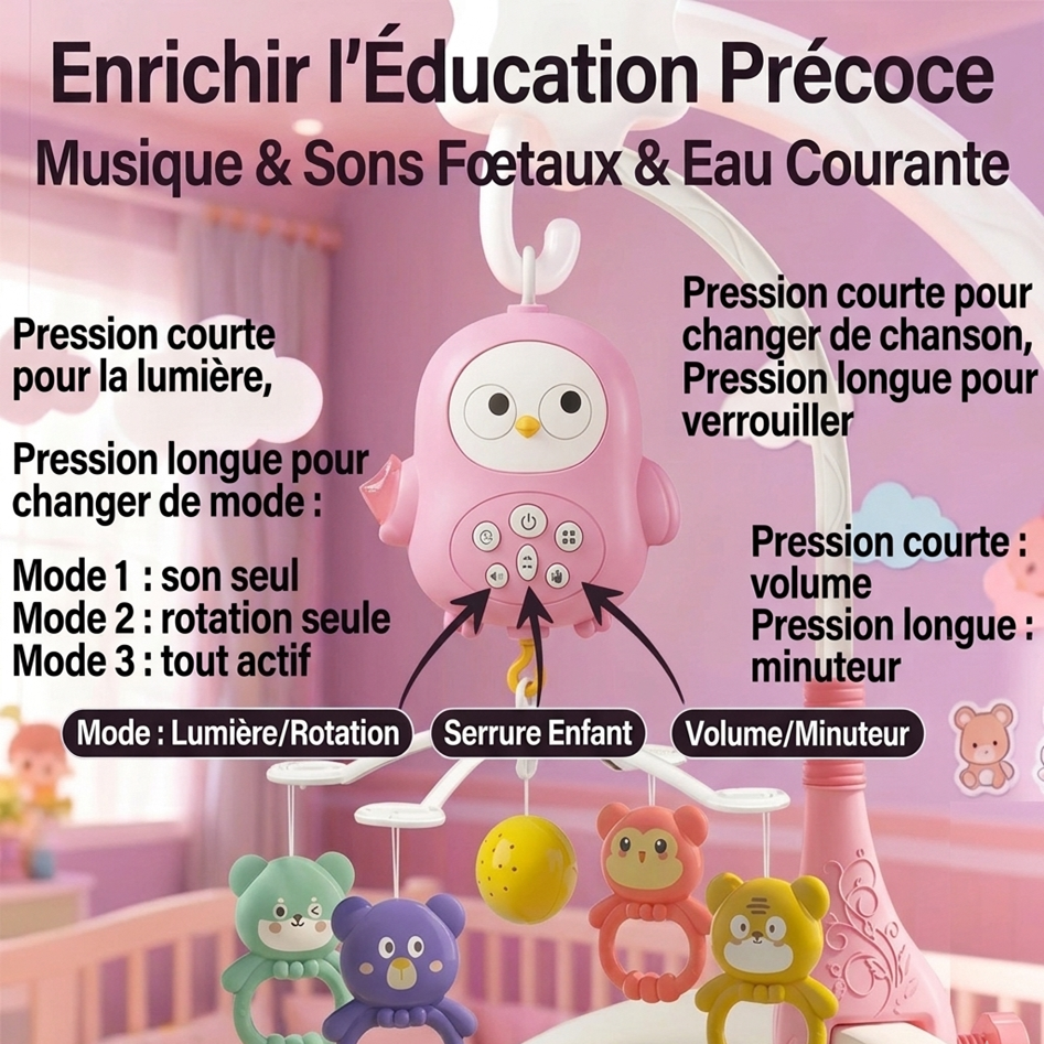 Mobile musical bébé Éveil Rose avec fonctions musique, lumière, rotation et minuterie pour éveil et sommeil du nourrisson