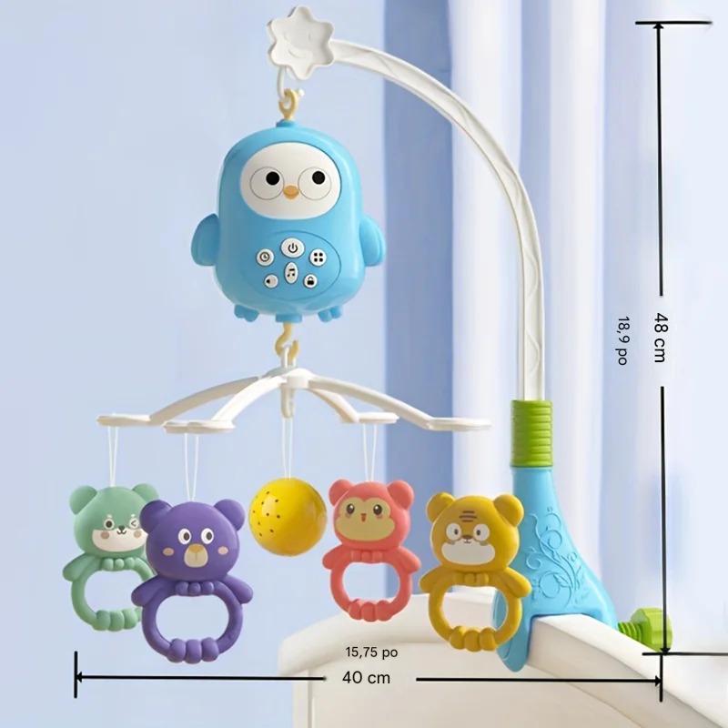 Mobile musical bébé avec lumière douce et design adapté aux dimensions pour lit de bébé.