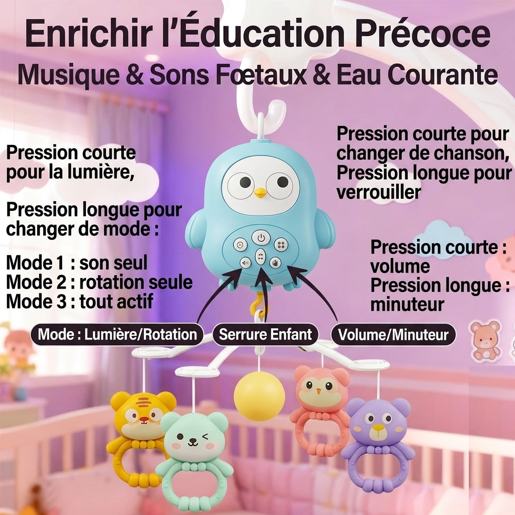 Mobile Musical Bébé Bird Dream™ avec lumière douce et jouets suspendus favorisant l'éveil, l'éducation précoce et le développement sensoriel de bébé.