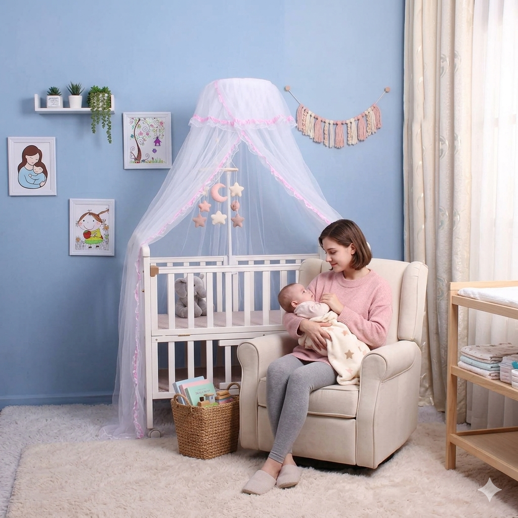 Moustiquaire bébé canopy installée sur un berceau