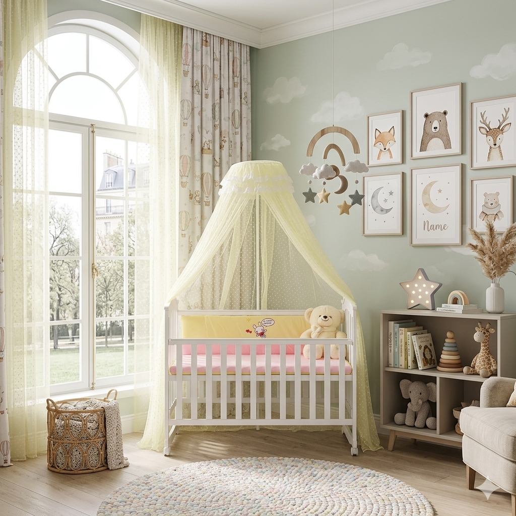 Moustiquaire jaune suspendue au-dessus d'un lit bébé