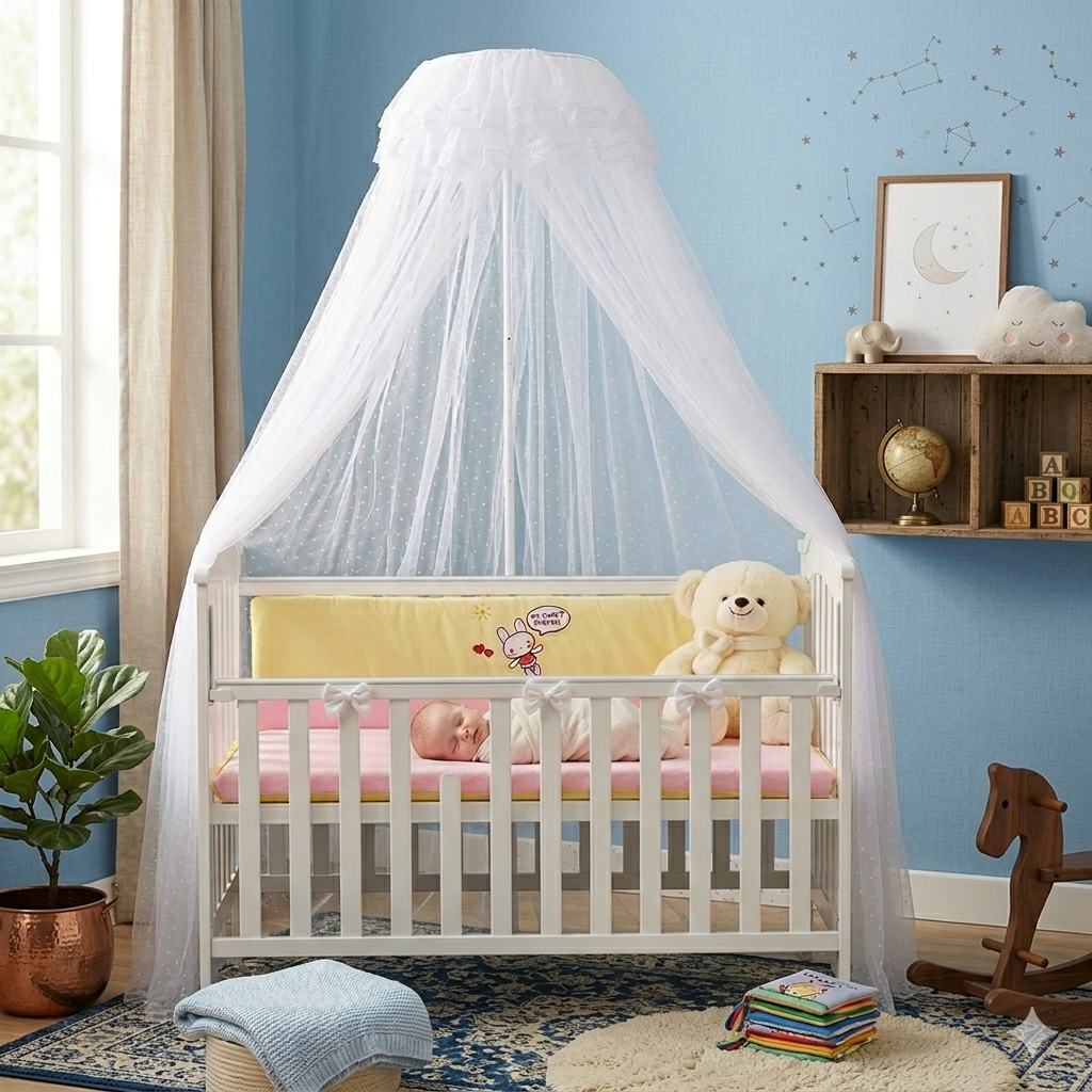 Détail de la moustiquaire bébé en maille fine protégeant le lit de bébé