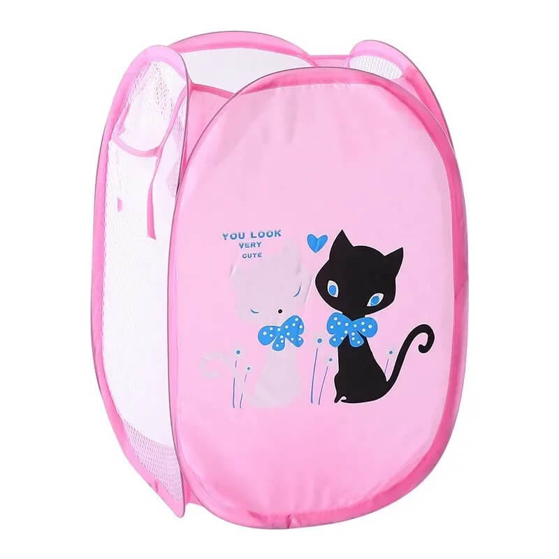 Panier rangement bleu avec chats rose pour organiser les affaires des enfants