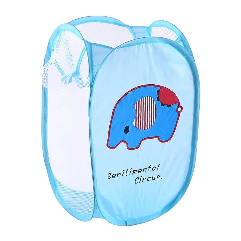 Panier rangement bleu avec éléphant rouge pour organiser les affaires des enfants"