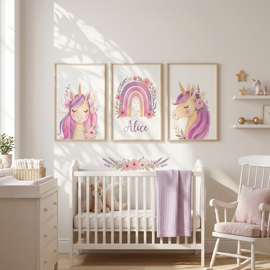 Affiche licorne personnalisée avec prénom pour chambre de bébé fille