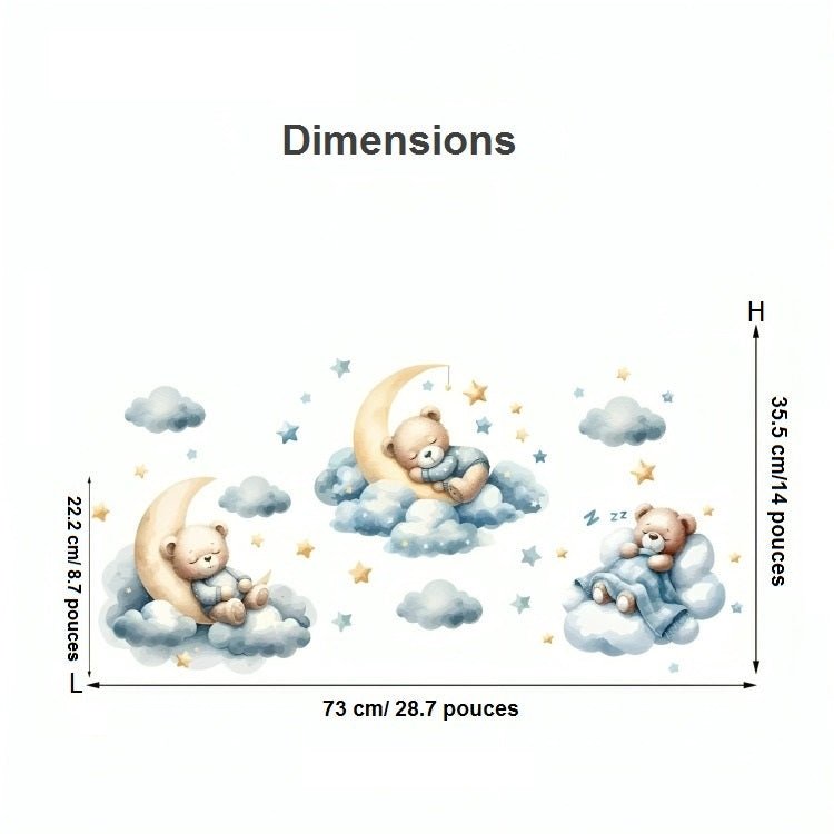 Dimensions des stickers muraux Baby Bears On Clouds - 35.5 cm x 73 cm x 22.2 cm, format idéal pour chambre d’enfant"