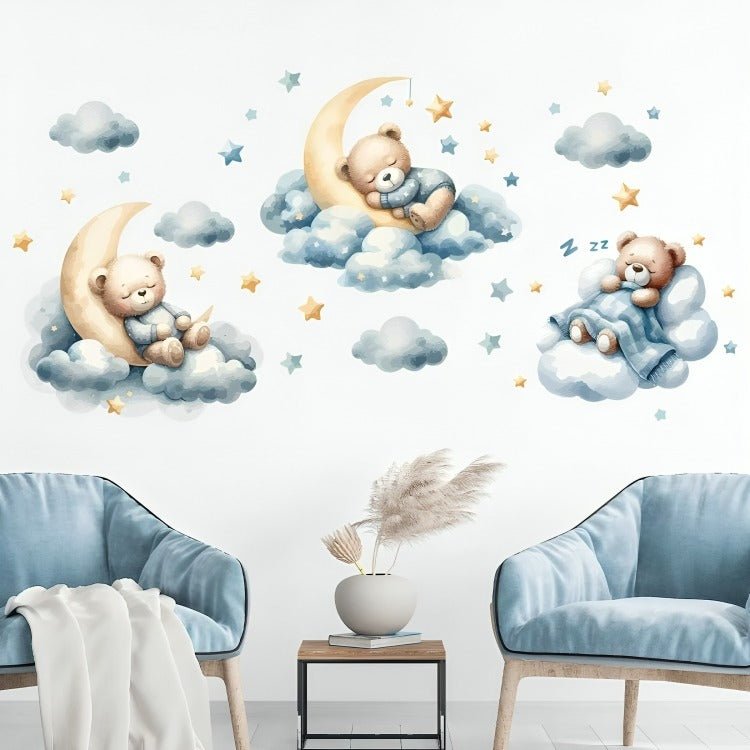sticker mural repositionnable pour chambre de bébé - design mixte avec oursons mignons et nuages doux