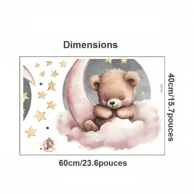 Dimensions détaillées des Stickers Muraux Peaceful Moonlit Bear avec ourson, lune et étoiles, pour une décoration murale précise.