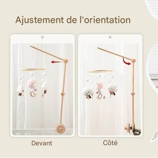 Support mobile bébé en bois réglable avec rotation de bras et inclinaison pour ajustement précis
