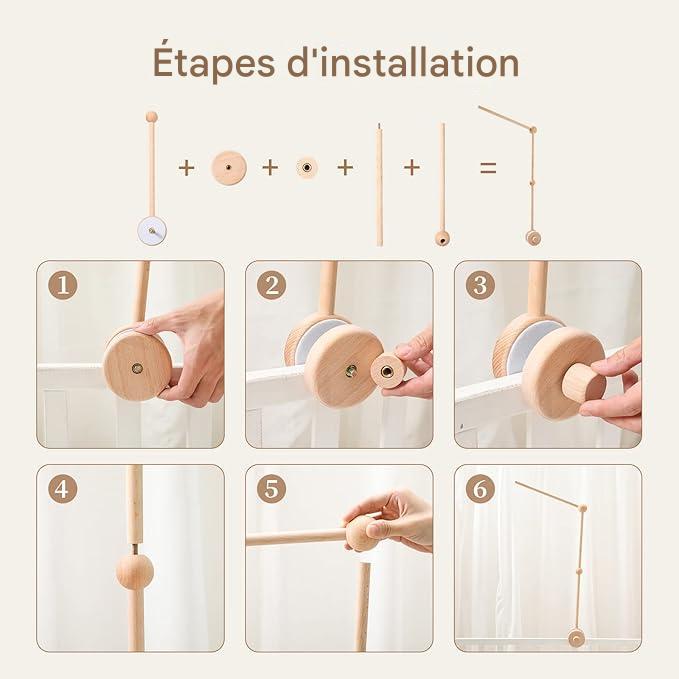 Étapes d'installation du support mobile bébé en bois naturel