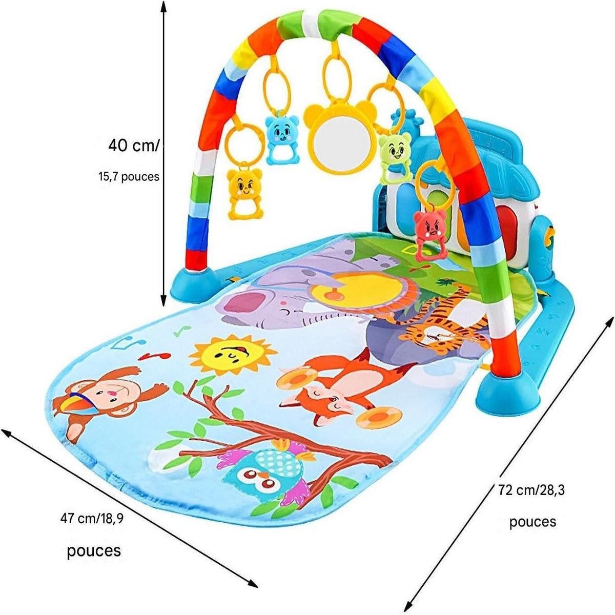 un tapis d’éveil Owl Friends™ de 72 cm par 47 cm avec arche de 40 cm de hauteur, doté de jouets suspendus et d’un piano interactif.