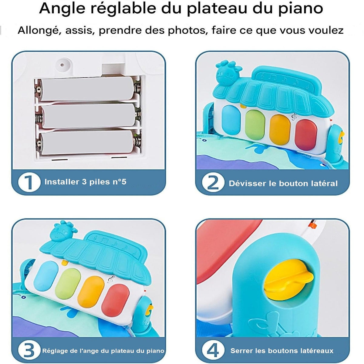 Guide illustré montrant comment régler l’angle du plateau du piano sur le tapis d’éveil Owl Friends™, avec instructions étape par étape.