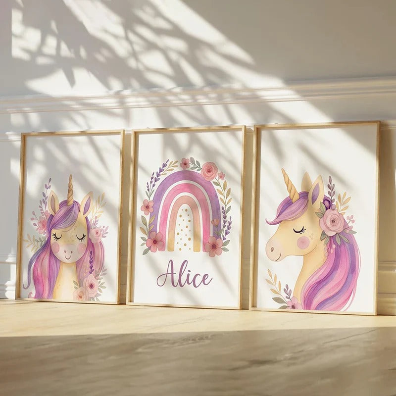 Décoration murale bébé fille avec licorne féerique et fleurs pastel