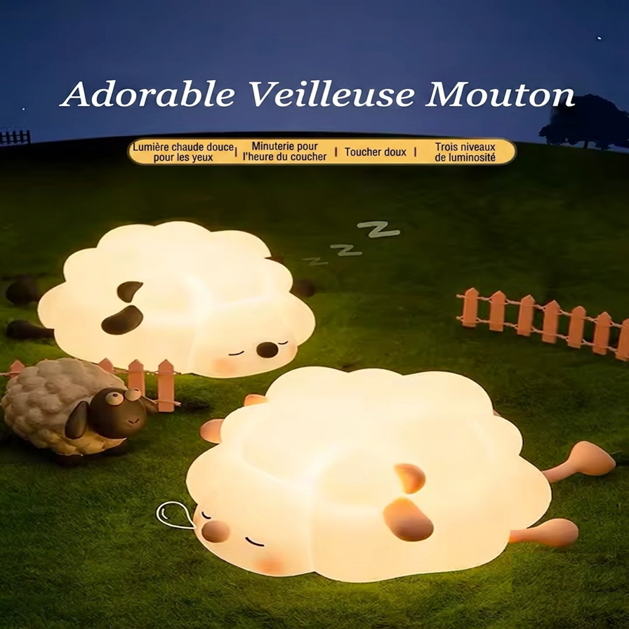 La veilleuse bébé BabyDream™ Sheep illustrée dans un paysage nocturne apaisant, mettant en avant ses fonctionnalités : lumière douce, minuterie et trois niveaux de luminosité."