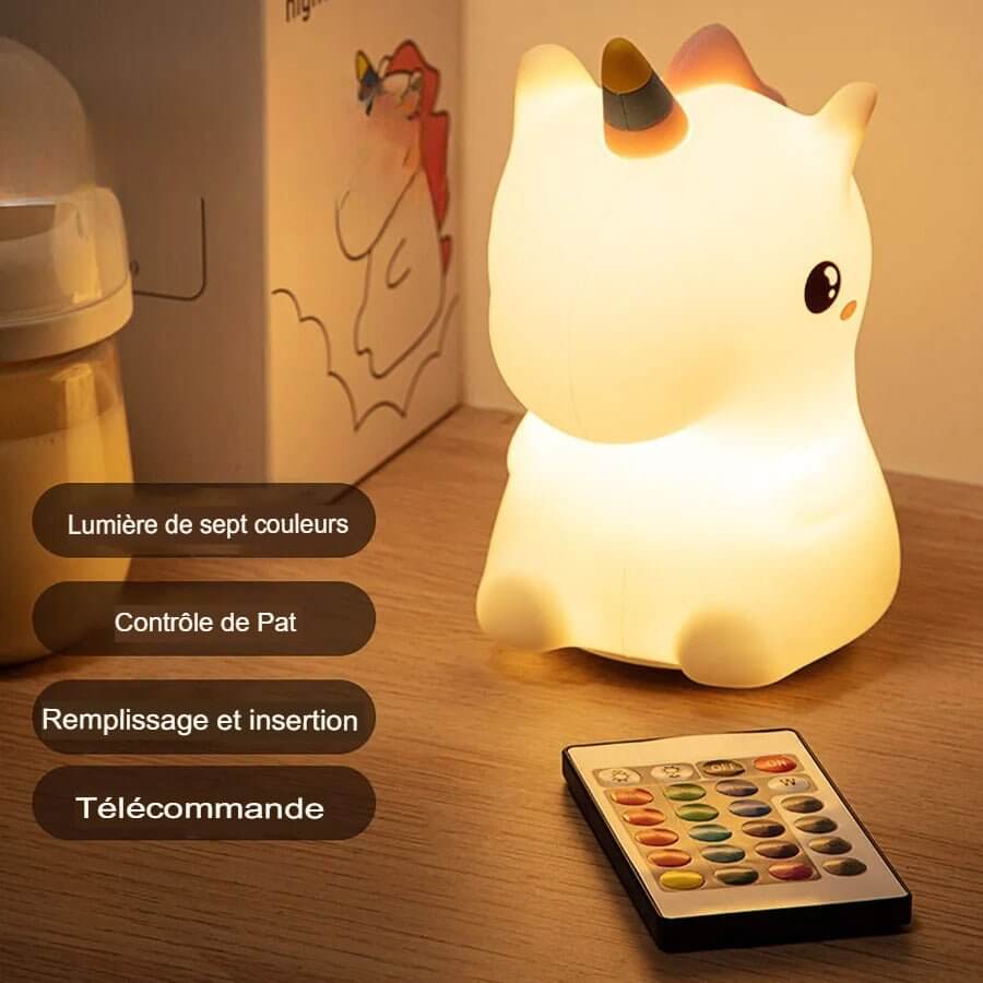  la veilleuse licorne diffusant une lumière tamisée rassurante avec télécommande.